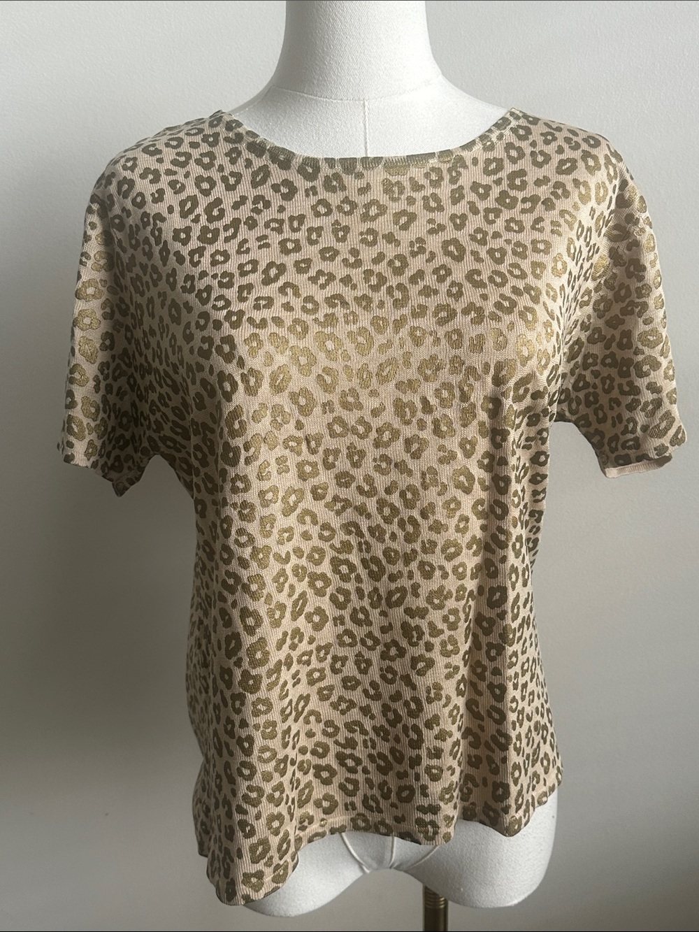Women L Silk Gold Metallic Leopard Print Short Sleeve Knit Top Mob Wife Retro